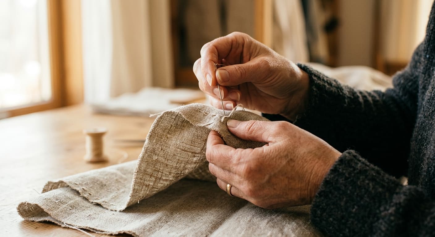 Hands sewing fabric by hand
