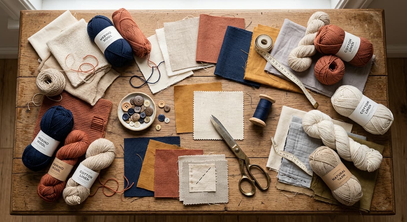 Natural fabrics and materials spread on a table
