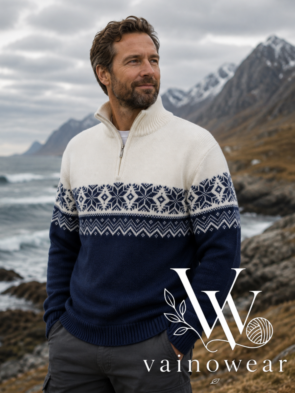 Knitted wool blue men's jumper with short zip 1