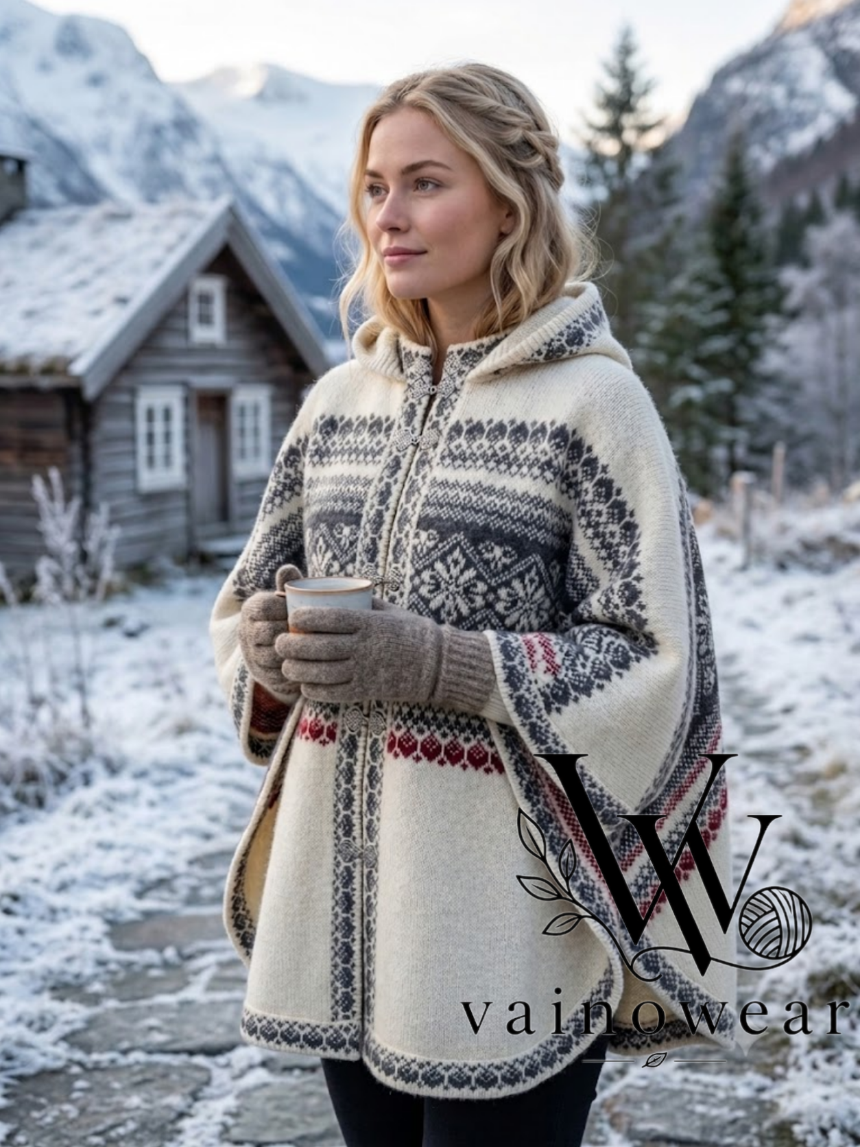 Knitted wool white poncho 1